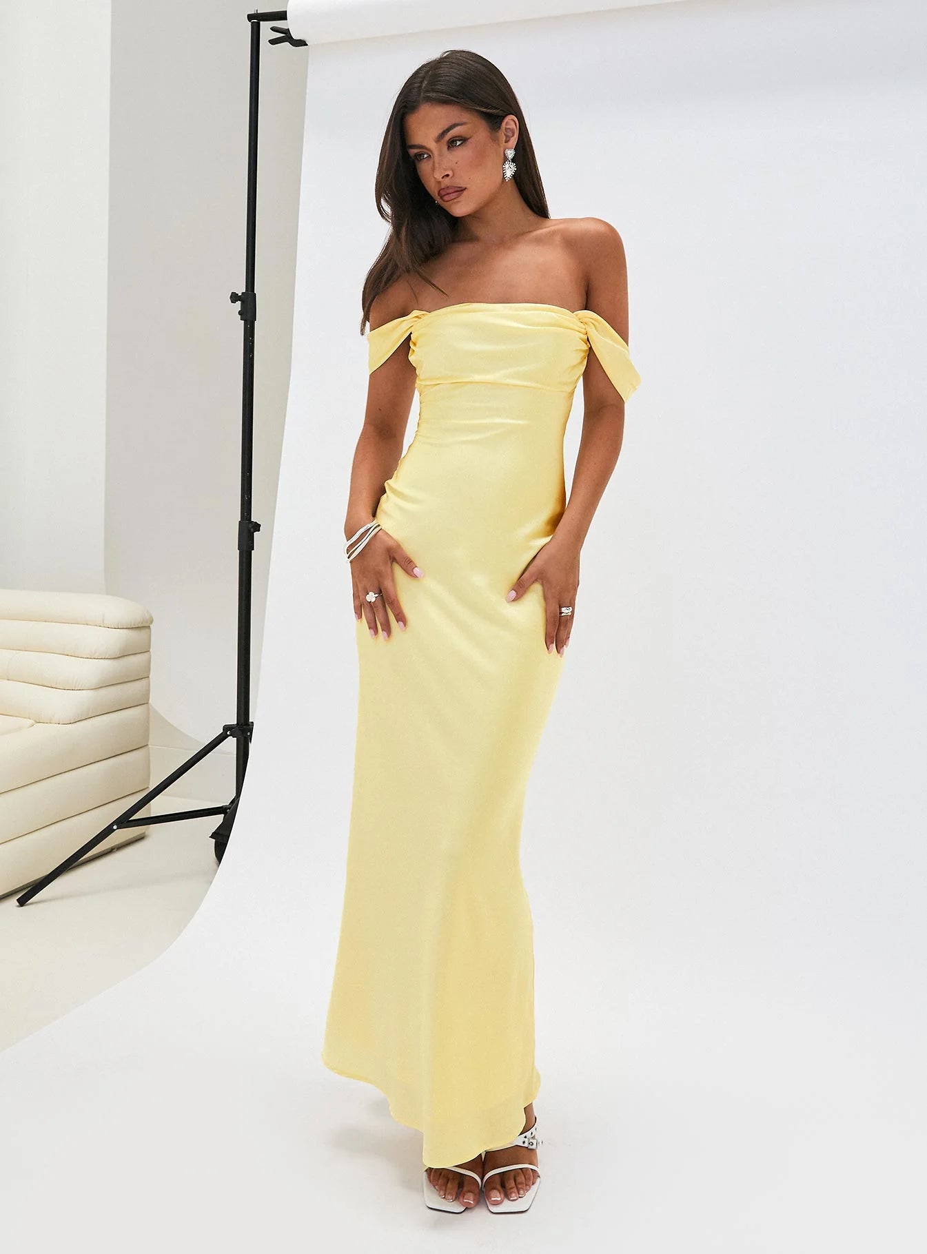 Romantic Form-Fitting Off-The-Shoulder Short Sleeve Open Back Satin Maxi Evening Dress