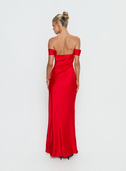 Romantic Form-Fitting Off-The-Shoulder Short Sleeve Open Back Satin Maxi Evening Dress