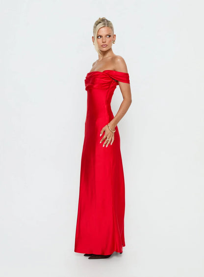 Romantic Form-Fitting Off-The-Shoulder Short Sleeve Open Back Satin Maxi Evening Dress