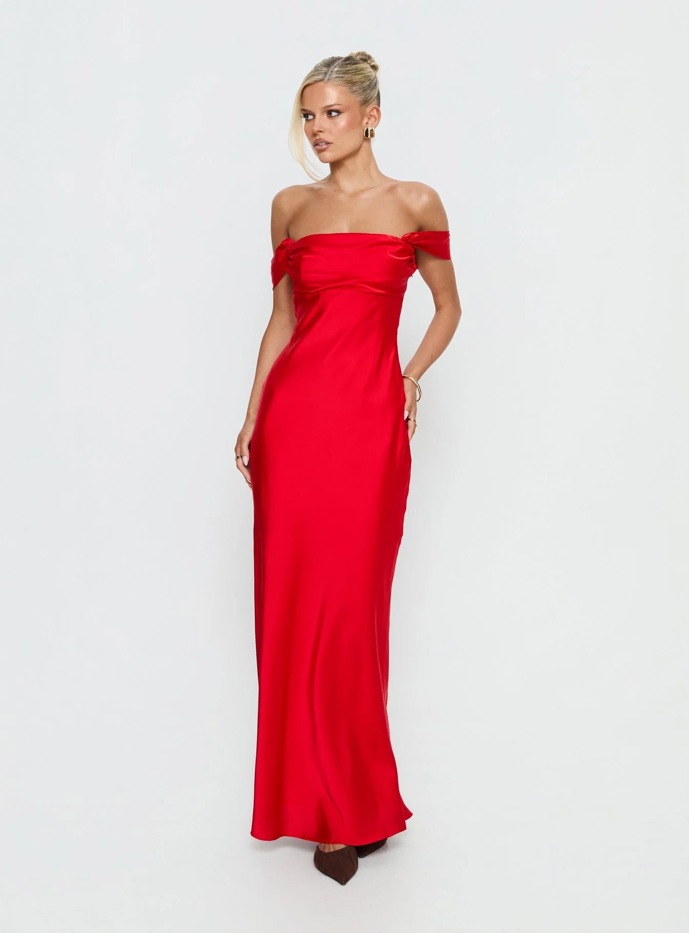 Romantic Form-Fitting Off-The-Shoulder Short Sleeve Open Back Satin Maxi Evening Dress