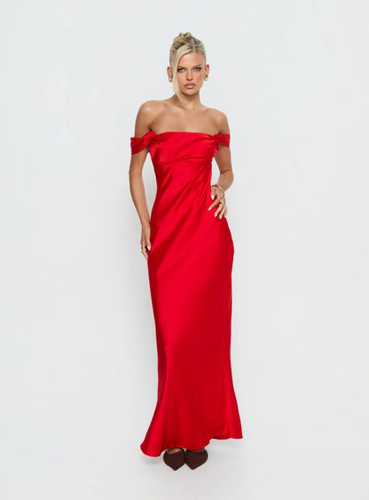 Romantic Form-Fitting Off-The-Shoulder Short Sleeve Open Back Satin Maxi Evening Dress