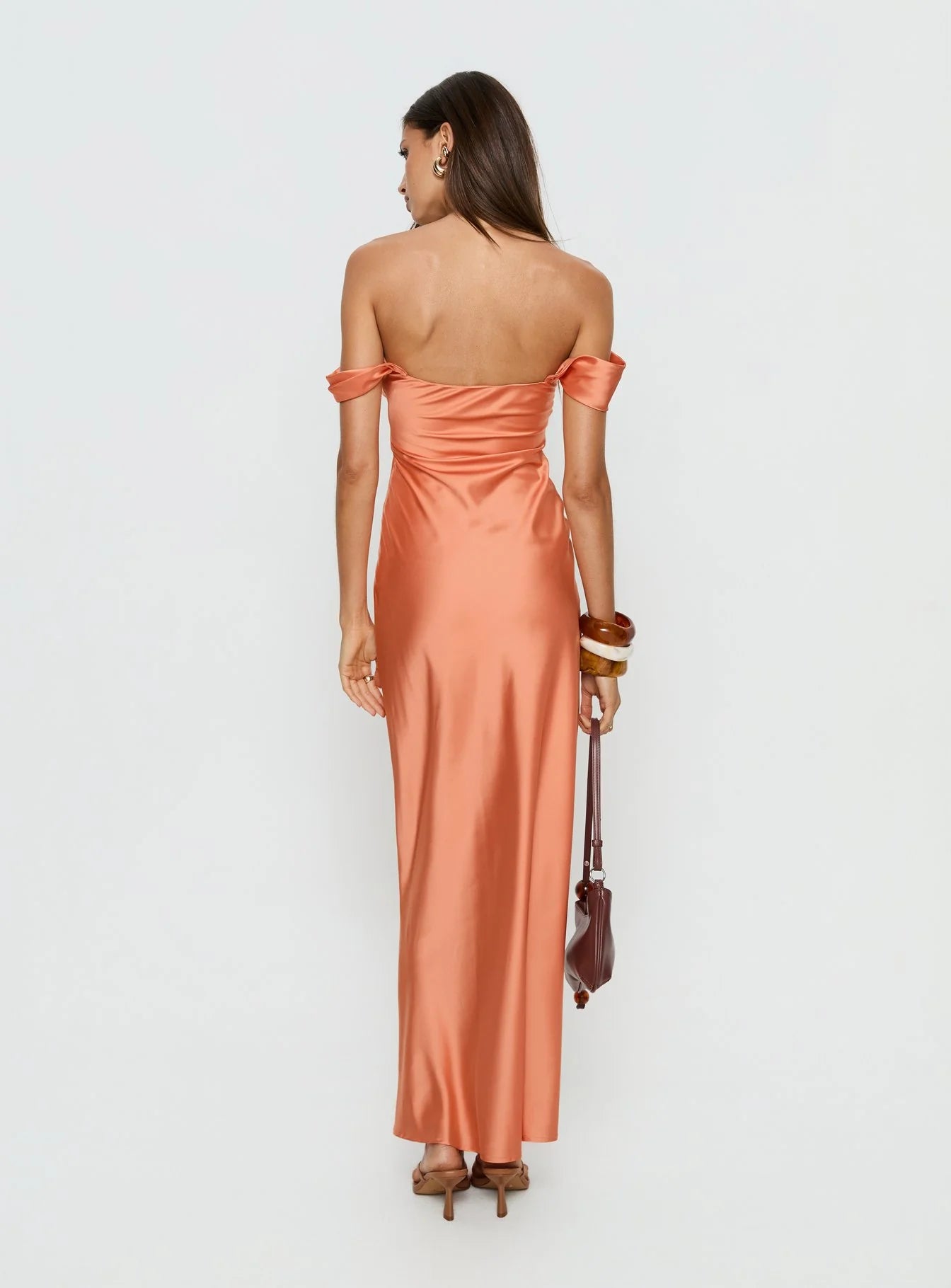 Romantic Form-Fitting Off-The-Shoulder Short Sleeve Open Back Satin Maxi Evening Dress