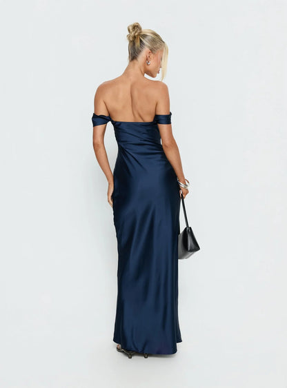 Romantic Form-Fitting Off-The-Shoulder Short Sleeve Open Back Satin Maxi Evening Dress