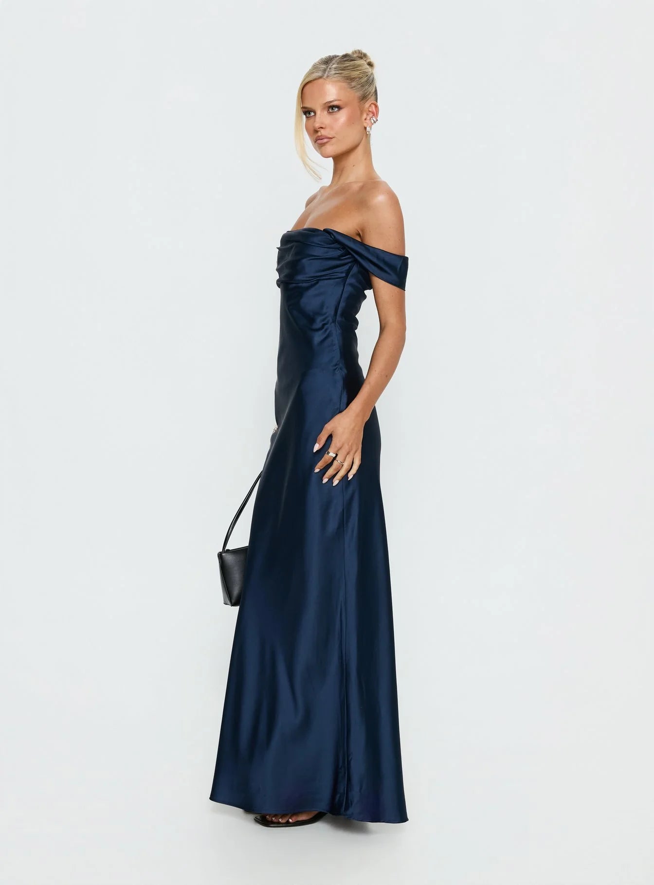 Romantic Form-Fitting Off-The-Shoulder Short Sleeve Open Back Satin Maxi Evening Dress