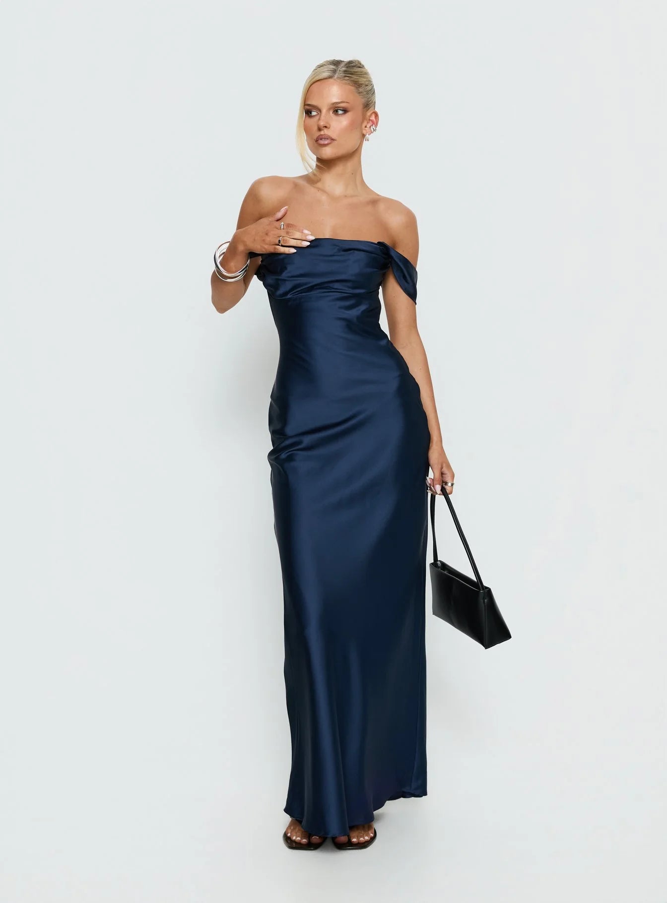 Romantic Form-Fitting Off-The-Shoulder Short Sleeve Open Back Satin Maxi Evening Dress