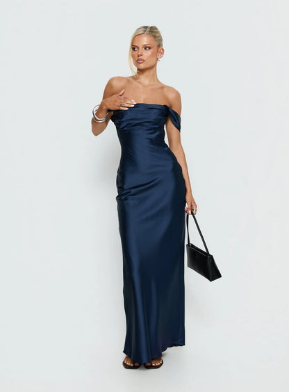 Romantic Form-Fitting Off-The-Shoulder Short Sleeve Open Back Satin Maxi Evening Dress