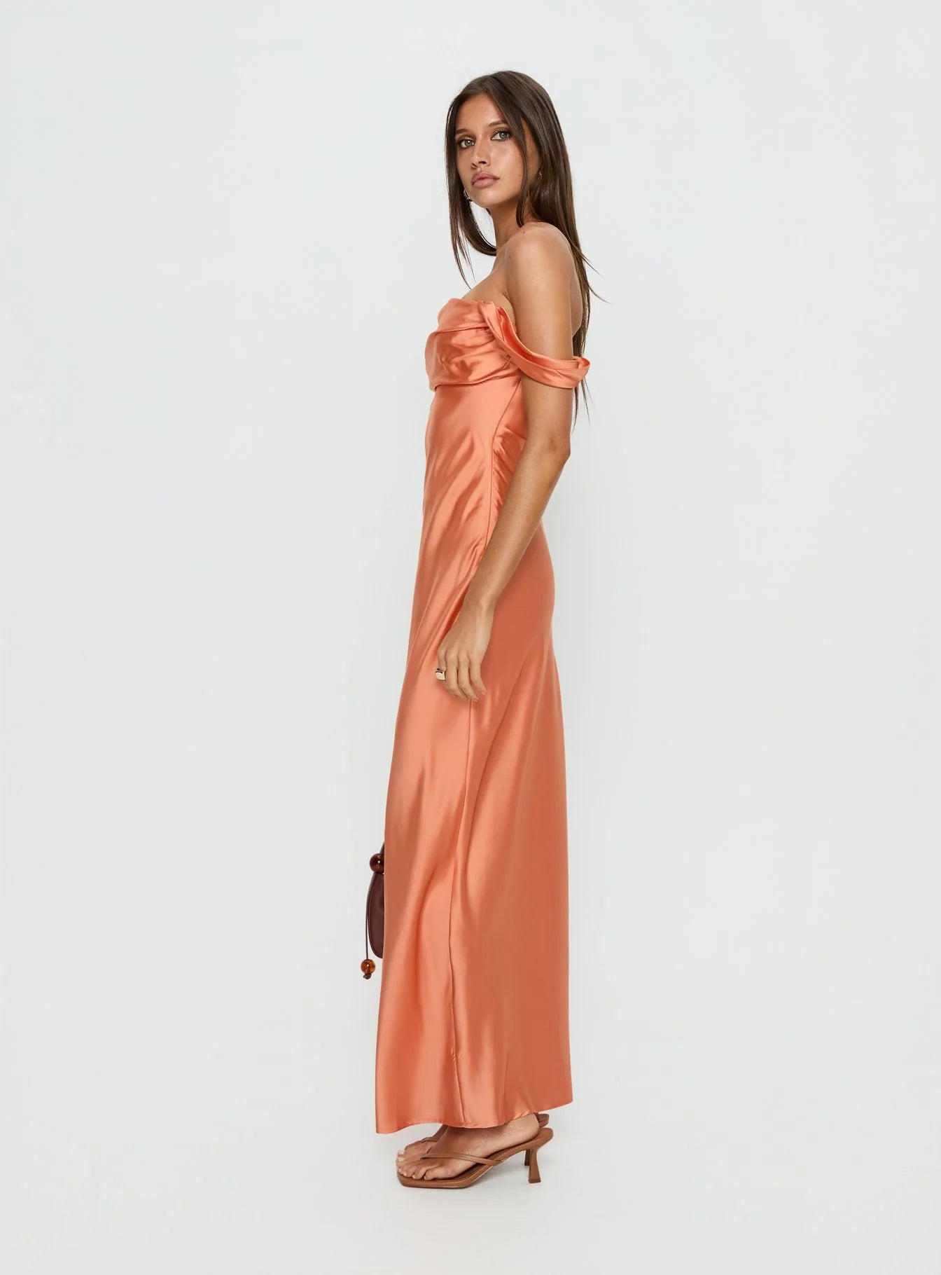 Romantic Form-Fitting Off-The-Shoulder Short Sleeve Open Back Satin Maxi Evening Dress