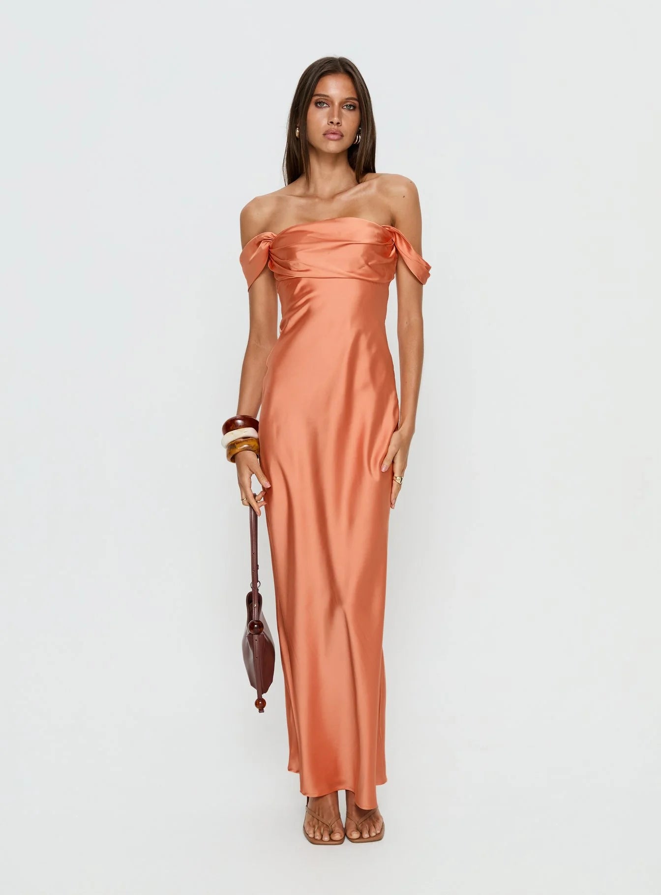 Romantic Form-Fitting Off-The-Shoulder Short Sleeve Open Back Satin Maxi Evening Dress