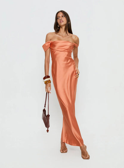 Romantic Form-Fitting Off-The-Shoulder Short Sleeve Open Back Satin Maxi Evening Dress