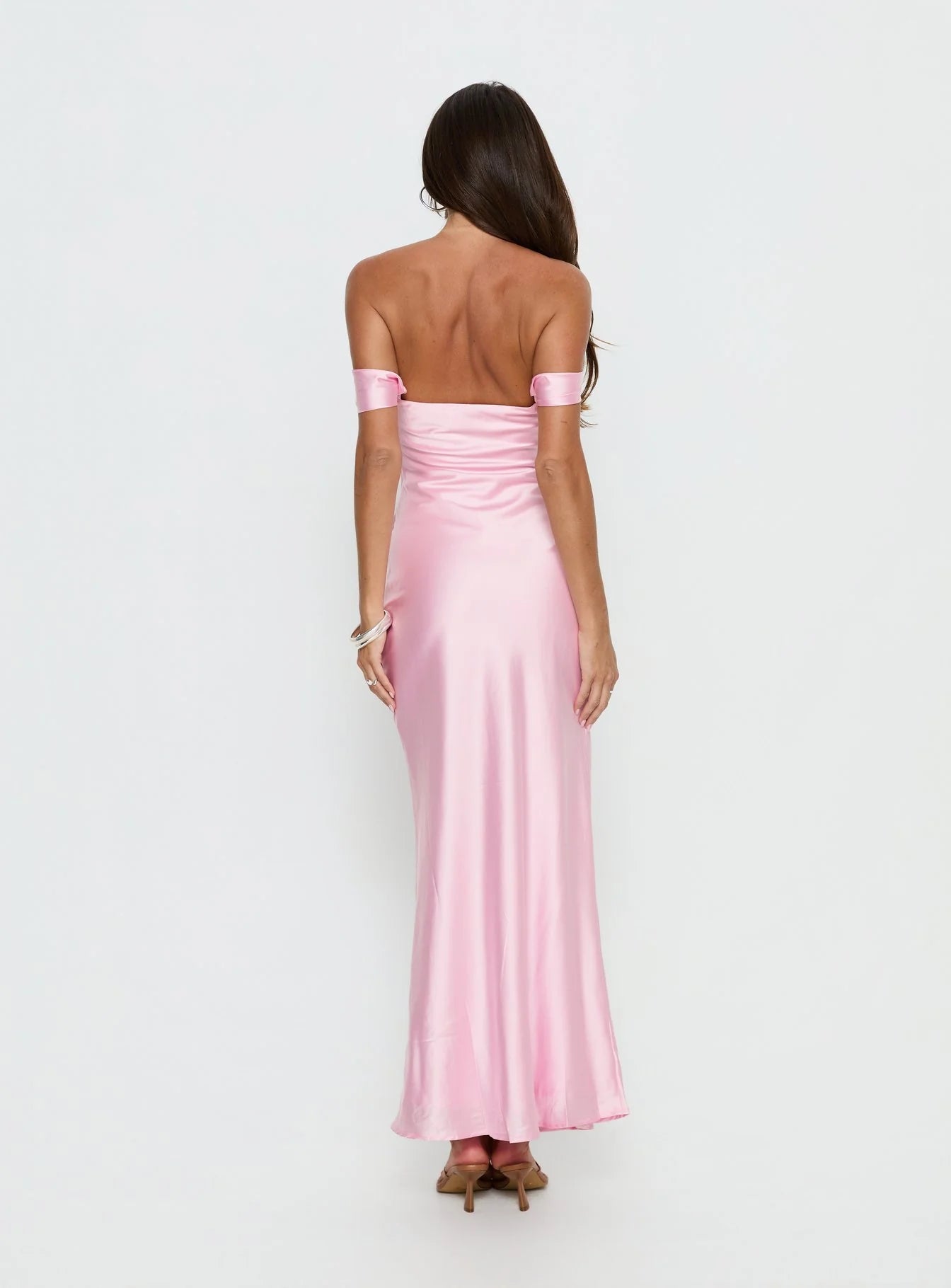 Romantic Form-Fitting Off-The-Shoulder Short Sleeve Open Back Satin Maxi Evening Dress