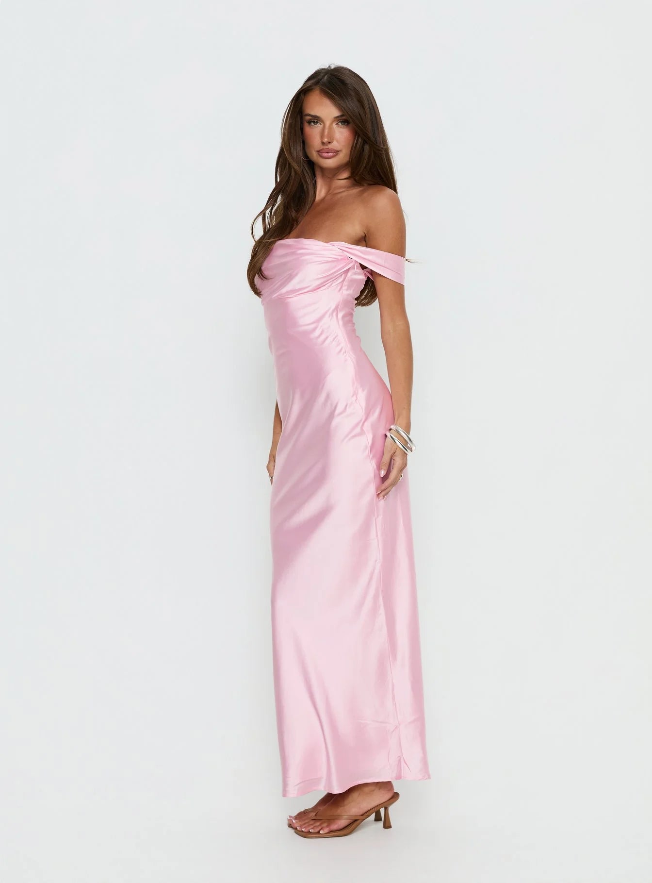 Romantic Form-Fitting Off-The-Shoulder Short Sleeve Open Back Satin Maxi Evening Dress