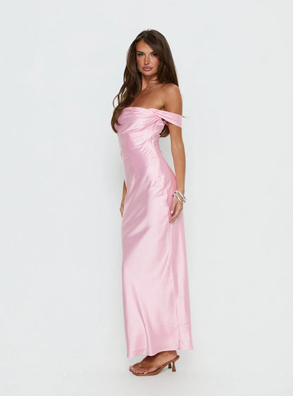 Romantic Form-Fitting Off-The-Shoulder Short Sleeve Open Back Satin Maxi Evening Dress