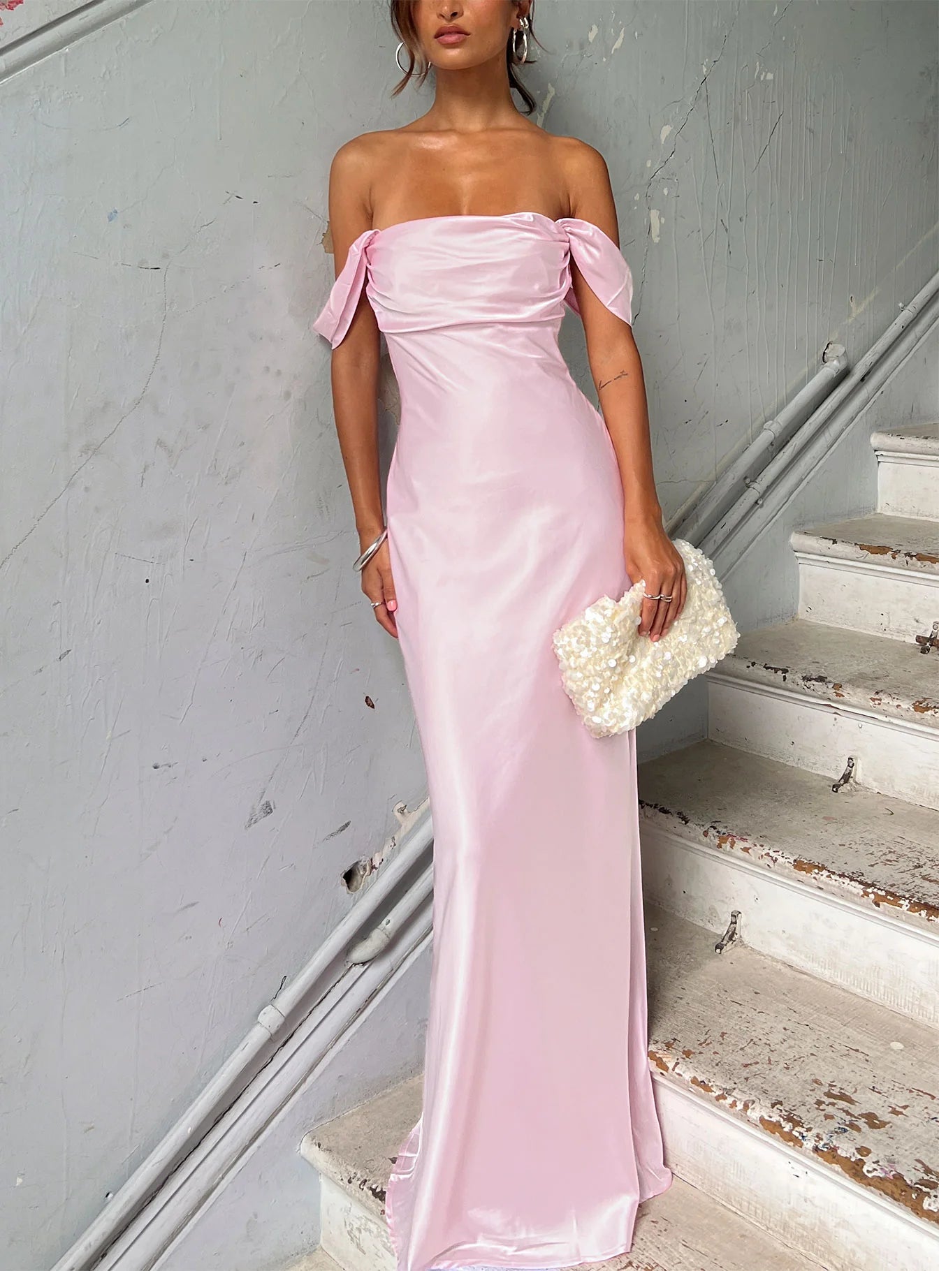 Romantic Form-Fitting Off-The-Shoulder Short Sleeve Open Back Satin Maxi Evening Dress