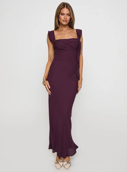 Romantic Form-Fitting Square Neck Ruffle Strap Open Back Maxi Evening Dress