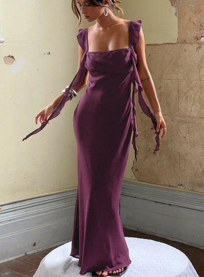Romantic Form-Fitting Square Neck Ruffle Strap Open Back Maxi Evening Dress