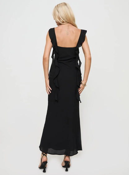 Romantic Form-Fitting Square Neck Ruffle Strap Open Back Maxi Evening Dress