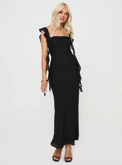 Romantic Form-Fitting Square Neck Ruffle Strap Open Back Maxi Evening Dress