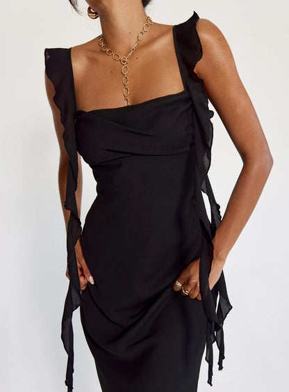Romantic Form-Fitting Square Neck Ruffle Strap Open Back Maxi Evening Dress
