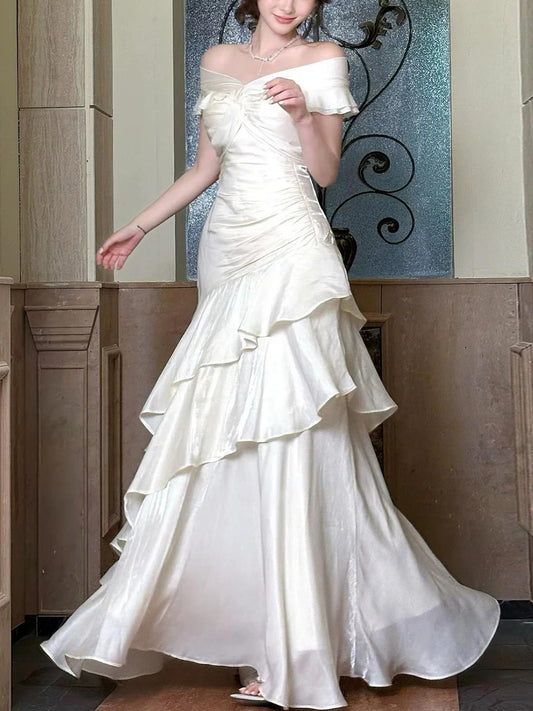 Romantic Ivory Iridescent Satin Off-the-Shoulder Ruched Ruffle Tiered Prom Dresses