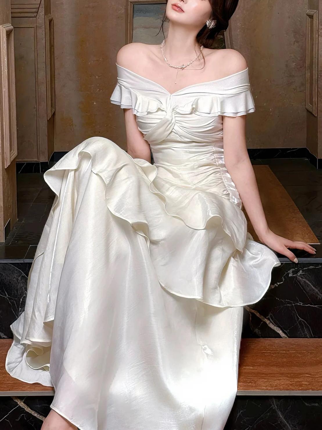 Romantic Ivory Iridescent Satin Off-the-Shoulder Ruched Ruffle Tiered Prom Dresses