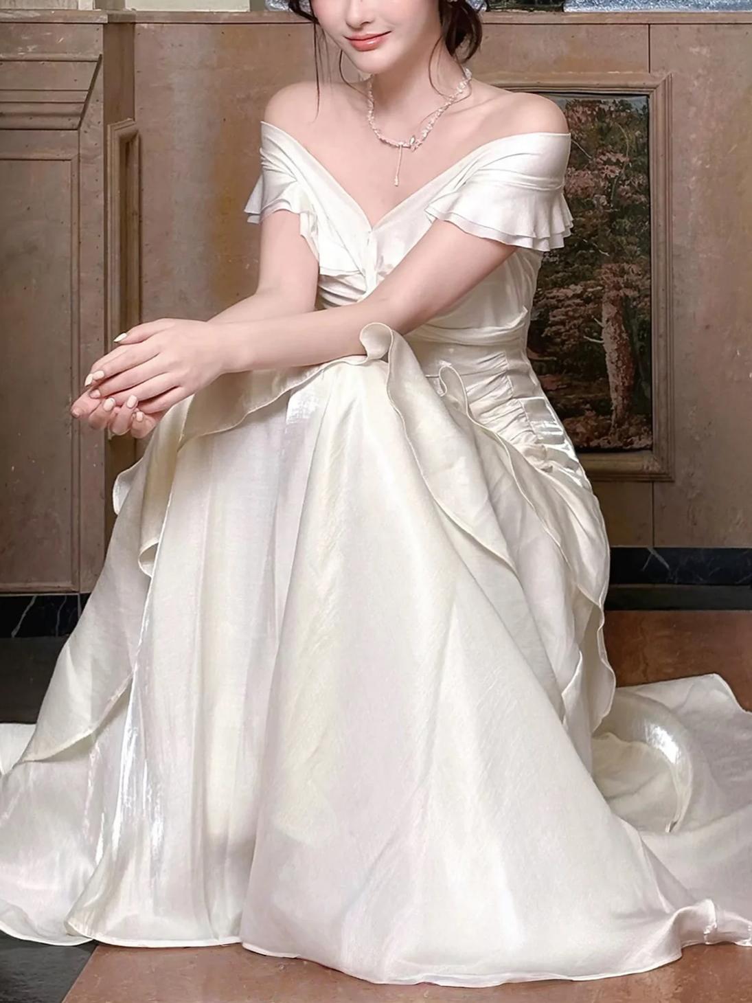 Romantic Ivory Iridescent Satin Off-the-Shoulder Ruched Ruffle Tiered Prom Dresses
