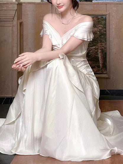 Romantic Ivory Iridescent Satin Off-the-Shoulder Ruched Ruffle Tiered Prom Dresses