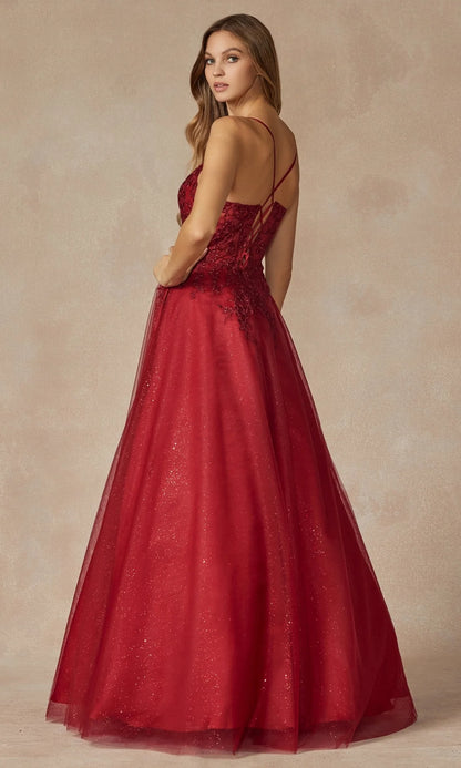 Romantic Lace Applique Ball Gown Spaghetti Strap Lace-Up Back Floor-Length Prom Dress