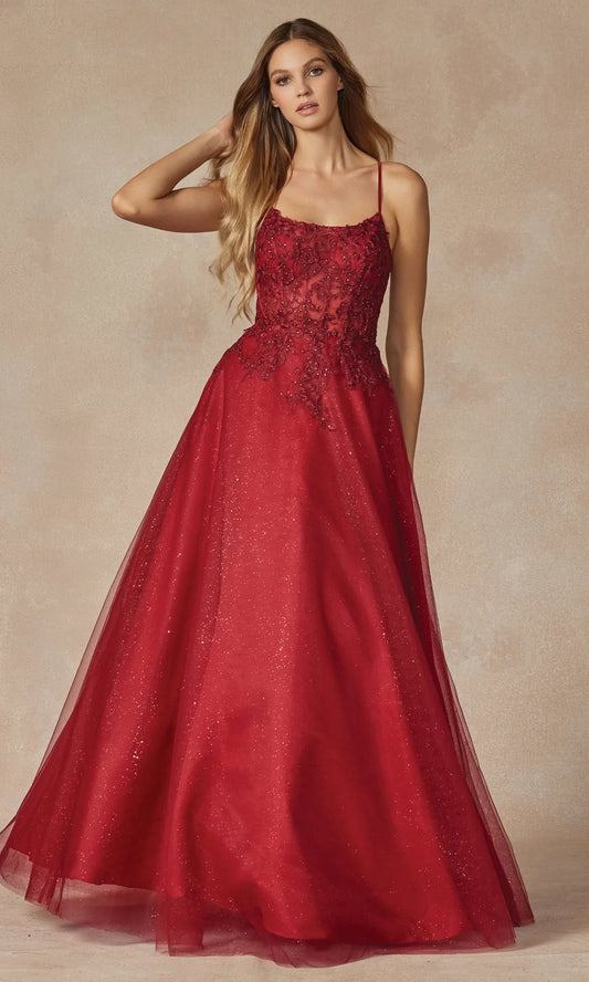 Romantic Lace Applique Ball Gown Spaghetti Strap Lace-Up Back Floor-Length Prom Dress
