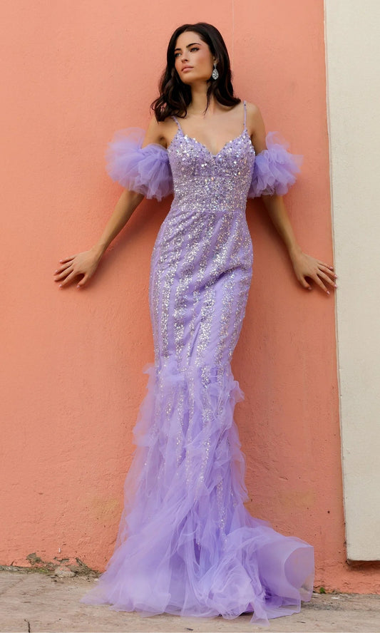 Romantic Lavender Sequin Mermaid Gown with Tulle Puffs and Ruffled Train Prom Dress