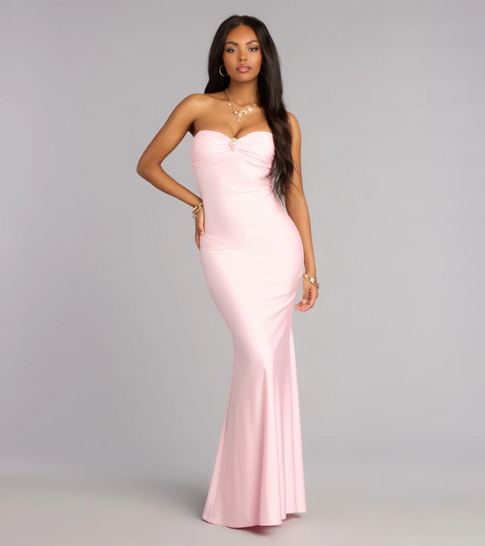 Romantic Mermaid Strapless Neck Sleeveless Bow Back Floor Length Evening Dress