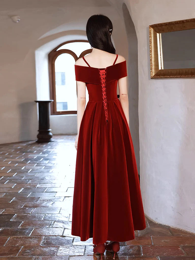 Romantic Off-Shoulder Bow-Front Corset-Back Tea-Length Velvet Prom Dress