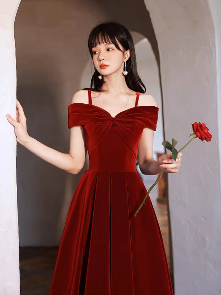Romantic Off-Shoulder Bow-Front Corset-Back Tea-Length Velvet Prom Dress