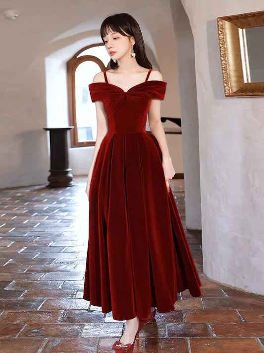 Romantic Off-Shoulder Bow-Front Corset-Back Tea-Length Velvet Prom Dress