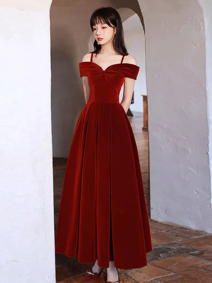 Romantic Off-Shoulder Bow-Front Corset-Back Tea-Length Velvet Prom Dress