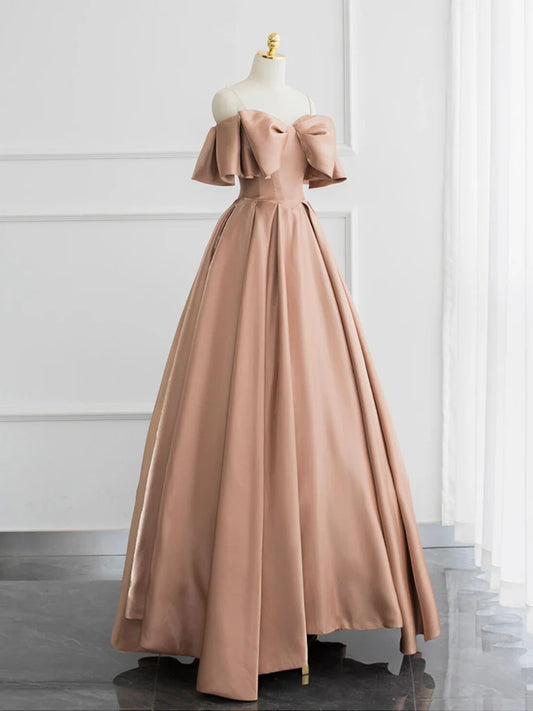 Romantic Off-Shoulder Bow-Front Floor-Length Corset-Back Satin Prom Dress