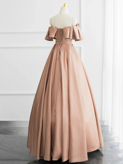 Romantic Off-Shoulder Bow-Front Floor-Length Corset-Back Satin Prom Dress
