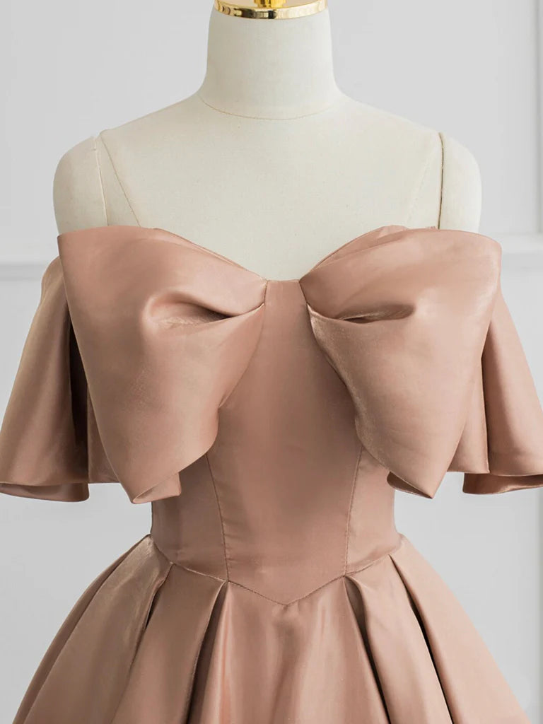 Romantic Off-Shoulder Bow-Front Floor-Length Corset-Back Satin Prom Dress