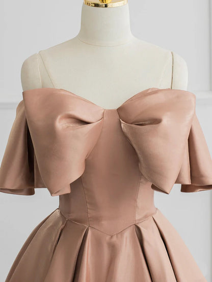 Romantic Off-Shoulder Bow-Front Floor-Length Corset-Back Satin Prom Dress