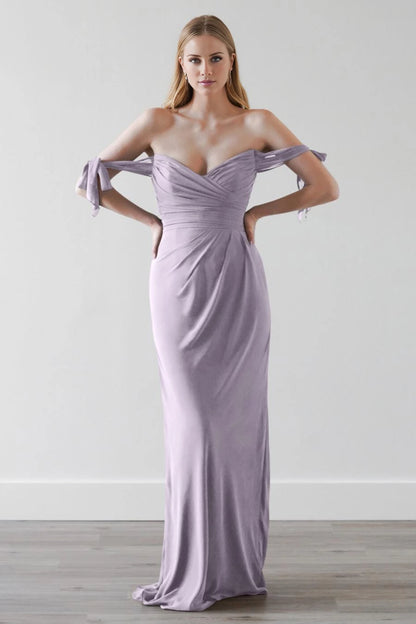 Romantic Off-Shoulder Neck Tie-Sleeve Ruched Backless Floor-Length Evening Dress
