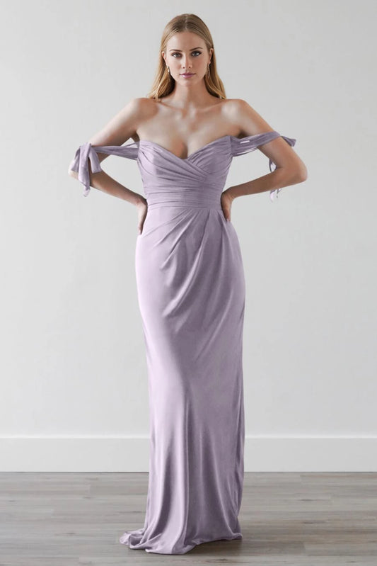 Romantic Off-Shoulder Neck Tie-Sleeve Ruched Backless Floor-Length Evening Dress