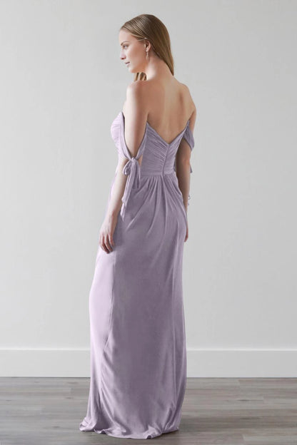Romantic Off-Shoulder Neck Tie-Sleeve Ruched Backless Floor-Length Evening Dress