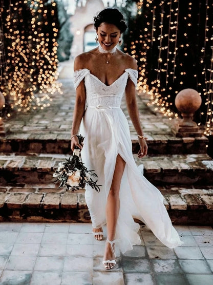 Romantic Off-The-Shoulder Lace Plunge V Low Open Back High Slit Flowy Chiffon Wedding Dress