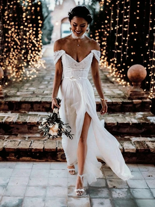 Romantic Off-The-Shoulder Lace Plunge V Low Open Back High Slit Flowy Chiffon Wedding Dress