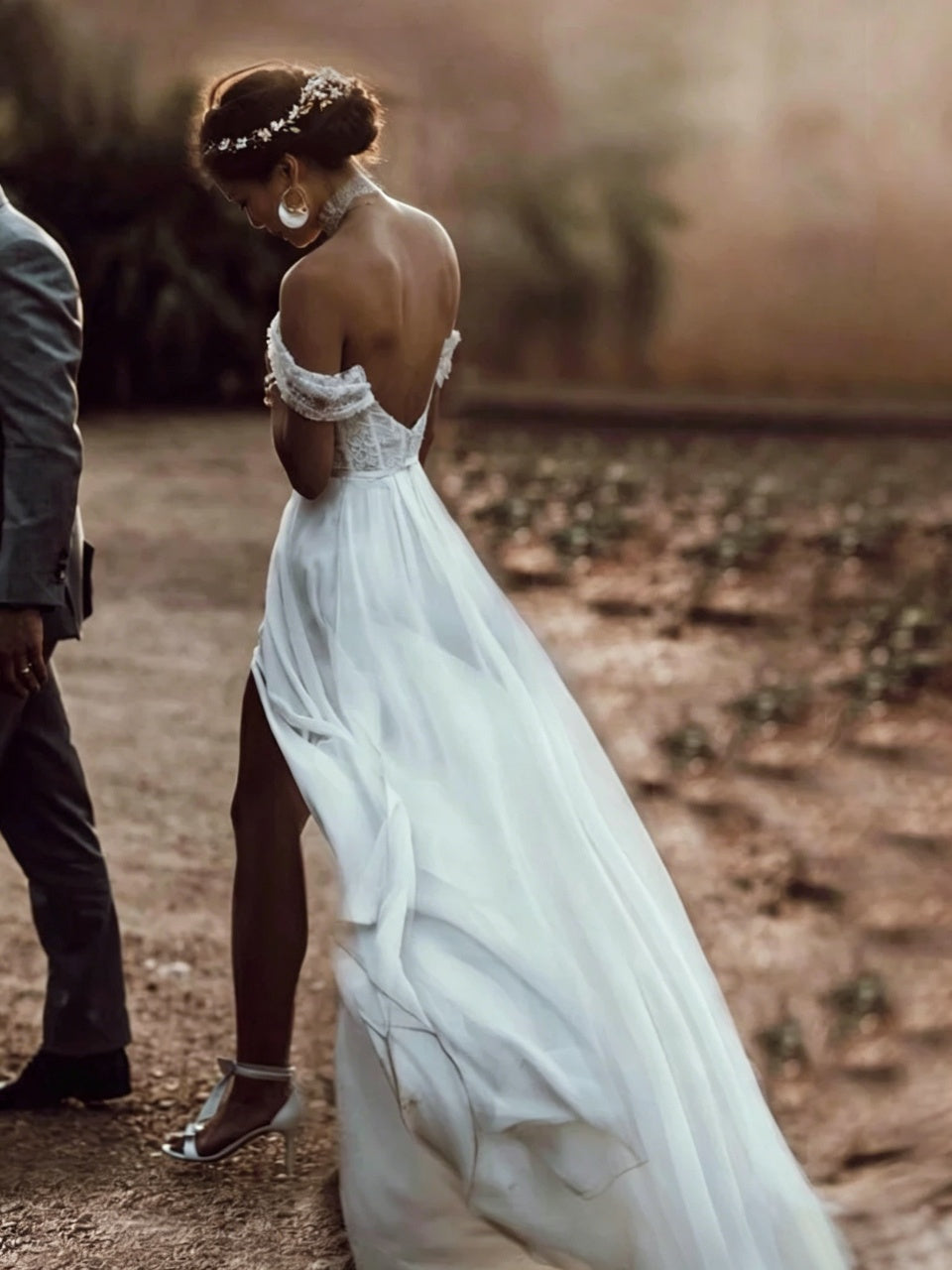 Romantic Off-The-Shoulder Lace Plunge V Low Open Back High Slit Flowy Chiffon Wedding Dress