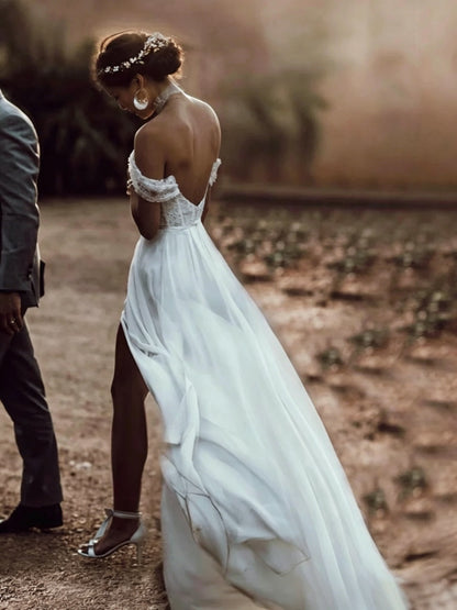 Romantic Off-The-Shoulder Lace Plunge V Low Open Back High Slit Flowy Chiffon Wedding Dress
