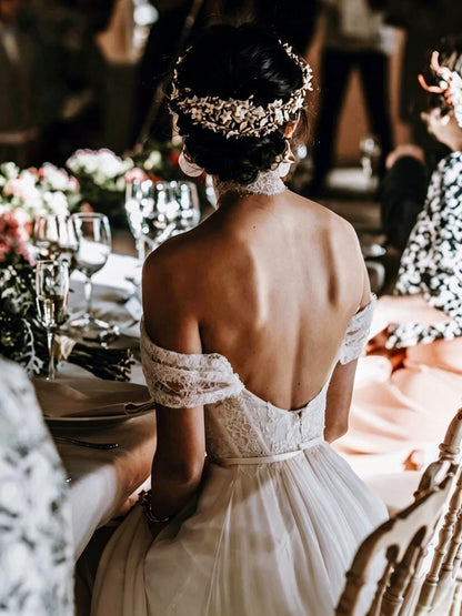 Romantic Off-The-Shoulder Lace Plunge V Low Open Back High Slit Flowy Chiffon Wedding Dress