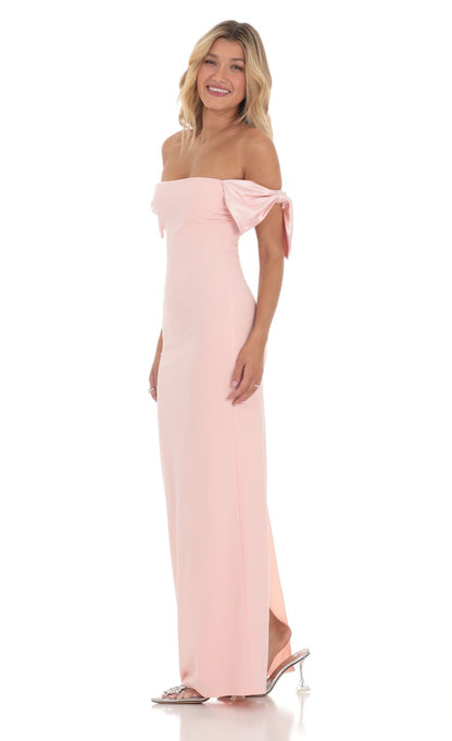 Romantic Off-the-Shoulder Bow Detail Evening Dress with High Slit & Floor-Length Hem