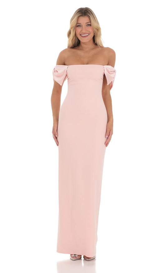 Romantic Off-the-Shoulder Bow Detail Evening Dress with High Slit & Floor-Length Hem