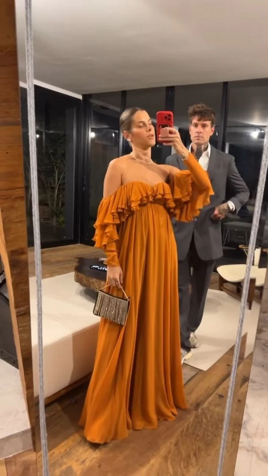 Romantic Off-the-Shoulder Long Sleeve Ruffled A-Line Floor Length Prom Dress