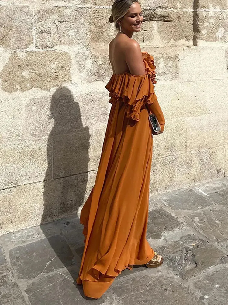 Romantic Off-the-Shoulder Long Sleeve Ruffled A-Line Floor Length Prom Dress